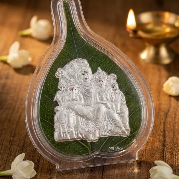 999_Silver_Plated_Shiv_Parivar_Religious_Frame_-_Teardrop_Shape_With_Green_Background