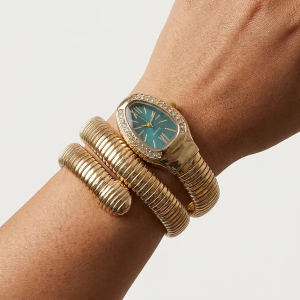 Gold_Toned_Snake_Coil_Watch_With_Teal_Dial_And_Crystal_Embellishments