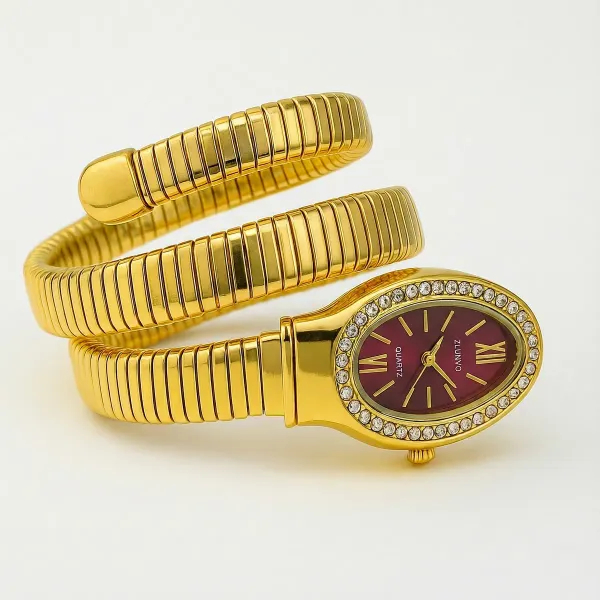 Gold_Tone_Snake_Coil_Bracelet_Watch_With_Red_Dial