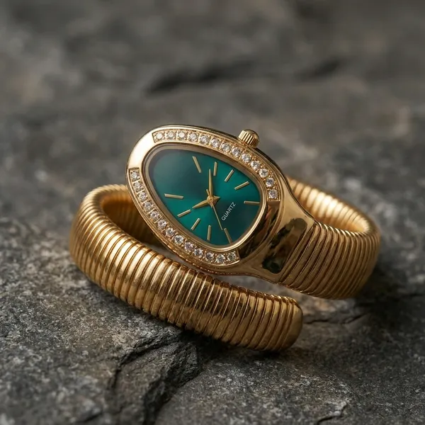 Gold_Toned_Snake_Coil_Watch_With_Teal_Dial_And_Crystal_Embellishments