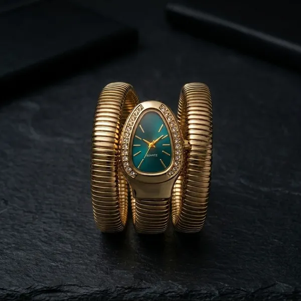Gold_Toned_Snake_Coil_Watch_With_Teal_Dial_And_Crystal_Embellishments