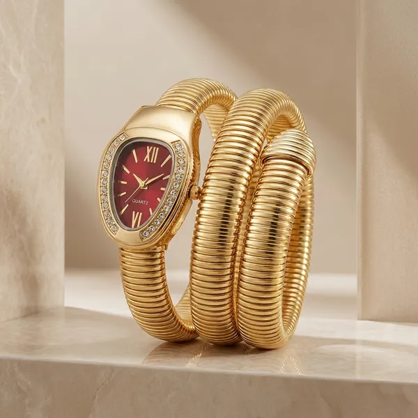 Gold_Tone_Snake_Coil_Bracelet_Watch_With_Red_Dial