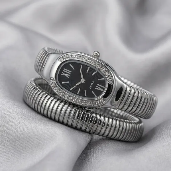 Silver_Tone_Snake_Coil_Wrap_Watch_With_Crystal_Embellishments