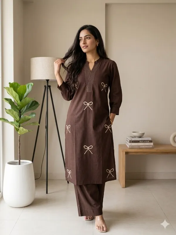 Brown_Cotton_Embroidered_Bow_Kurta_Set_for_Women
