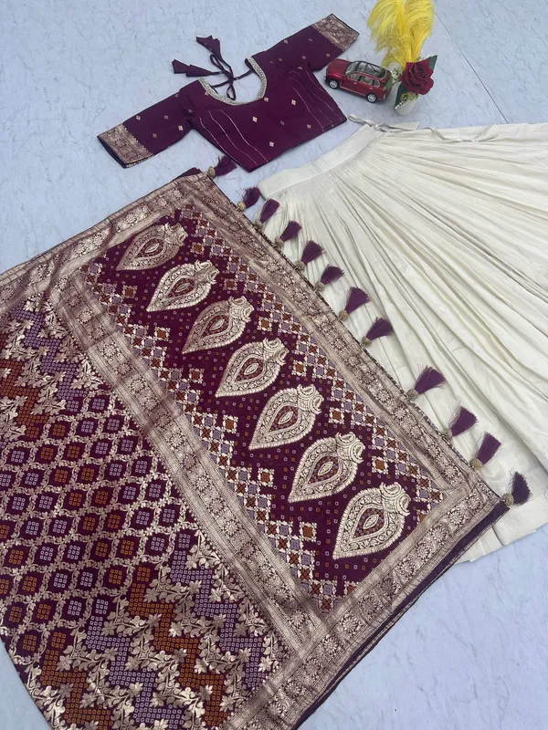 Elegant_Purple_&_Cream_Banarasi_Silk_Lehenga_Choli_Set