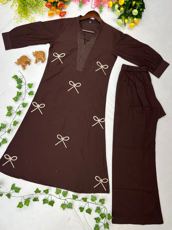 Brown_Cotton_Embroidered_Bow_Kurta_Set_for_Women