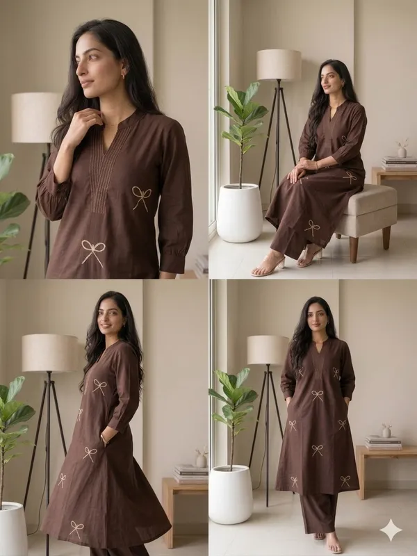 Brown_Cotton_Embroidered_Bow_Kurta_Set_for_Women