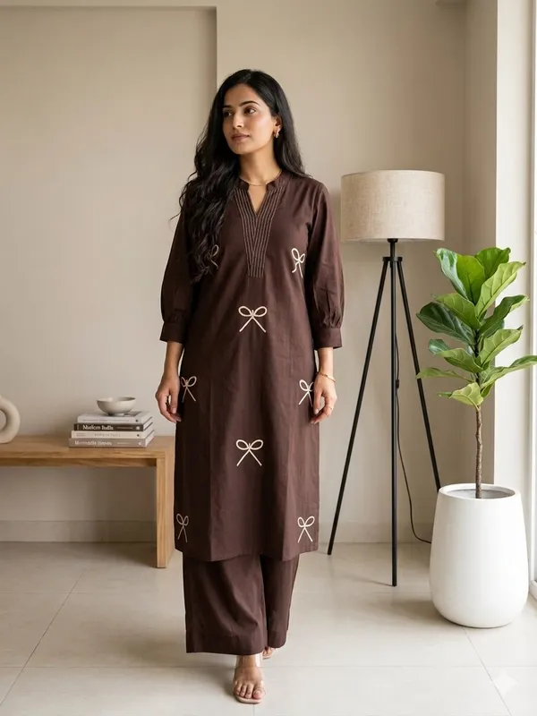 Brown_Cotton_Embroidered_Bow_Kurta_Set_for_Women