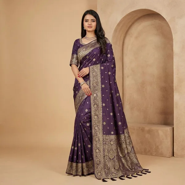 Purple_Banarasi_Silk_Saree_with_Golden_Zari_Border_and_Tassels