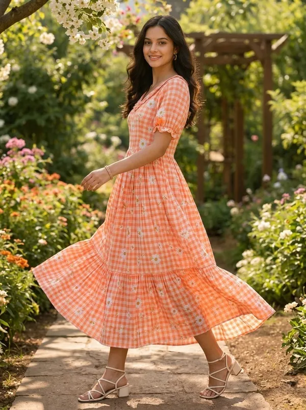 RichOra_Peach_Blossom_Daisy_Gingham_Flared_Midi_Dress