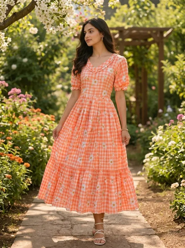 RichOra_Peach_Blossom_Daisy_Gingham_Flared_Midi_Dress