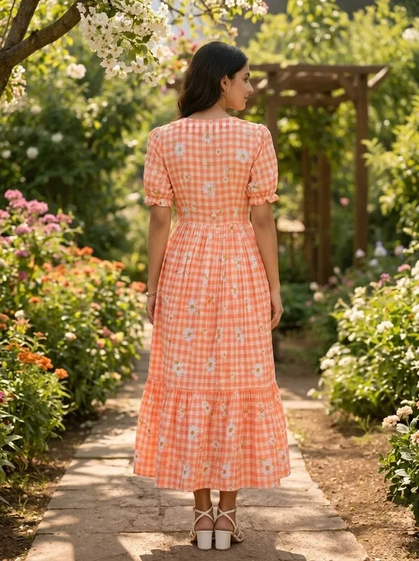 RichOra_Peach_Blossom_Daisy_Gingham_Flared_Midi_Dress