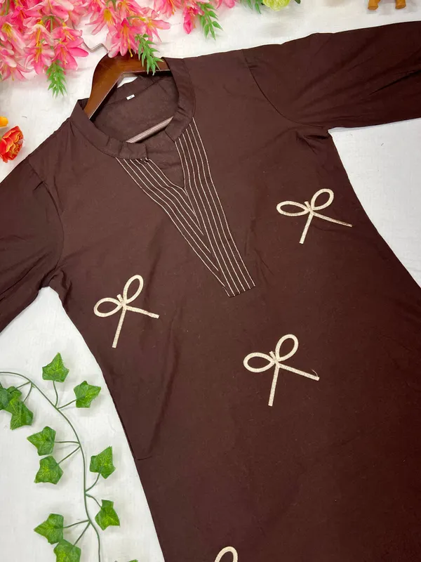 Brown_Cotton_Embroidered_Bow_Kurta_Set_for_Women