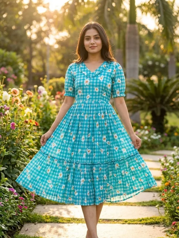 RichOra_AquaBloom_Muslin_Silk_Midi_Dress