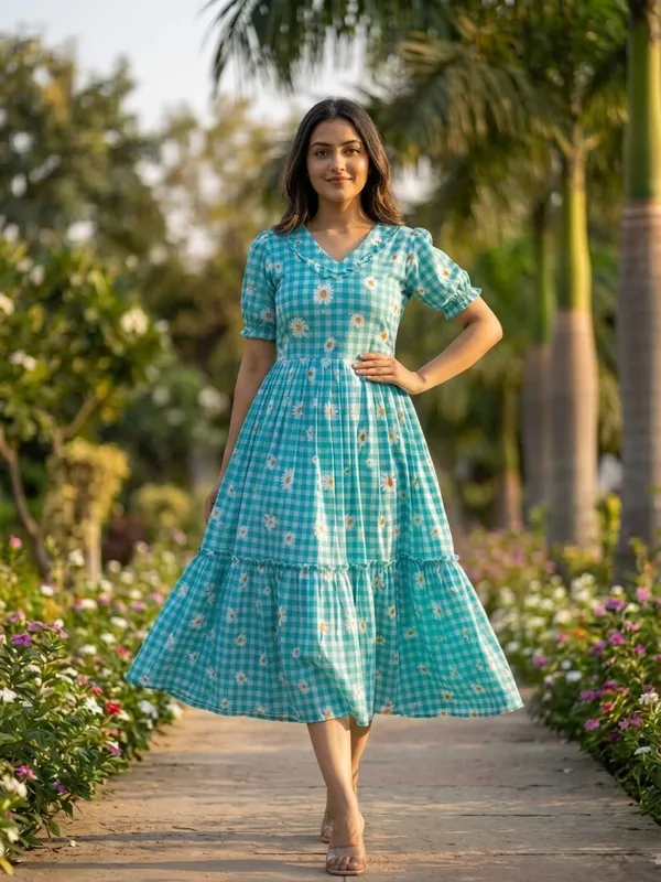 RichOra_AquaBloom_Muslin_Silk_Midi_Dress