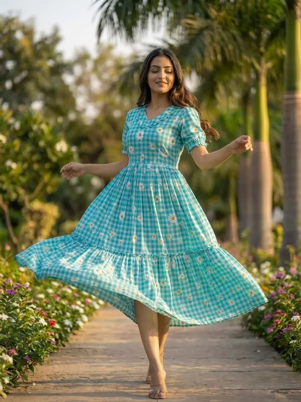 RichOra_AquaBloom_Muslin_Silk_Midi_Dress