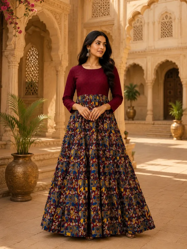 RichOra_Crimson_Gajraj_Printed_Gown_Dress