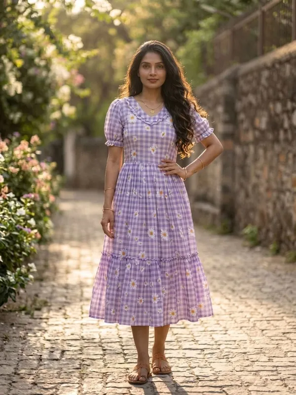 RichOra_Lavender_Bloom_Muslin_Silk_Gingham_Midi_Dress
