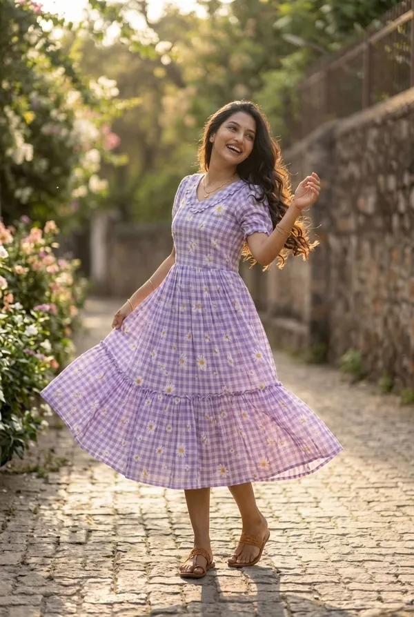 RichOra_Lavender_Bloom_Muslin_Silk_Gingham_Midi_Dress