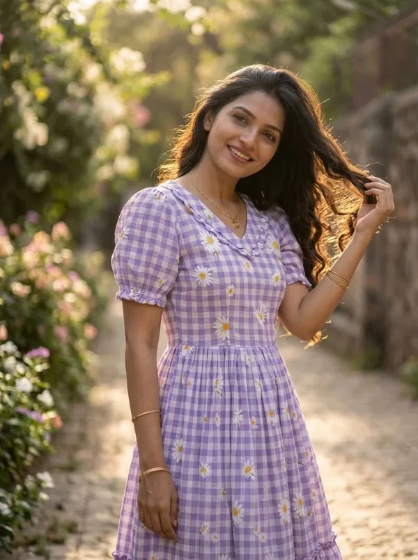 RichOra_Lavender_Bloom_Muslin_Silk_Gingham_Midi_Dress