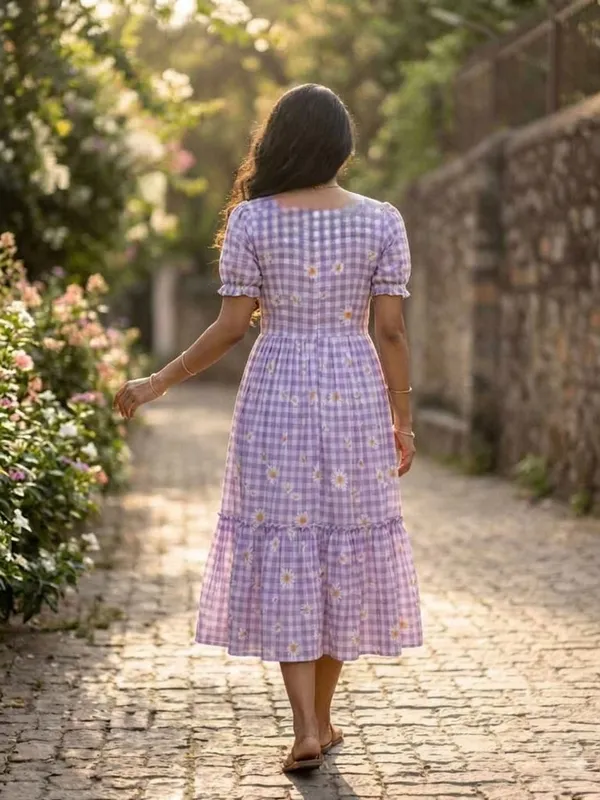 RichOra_Lavender_Bloom_Muslin_Silk_Gingham_Midi_Dress