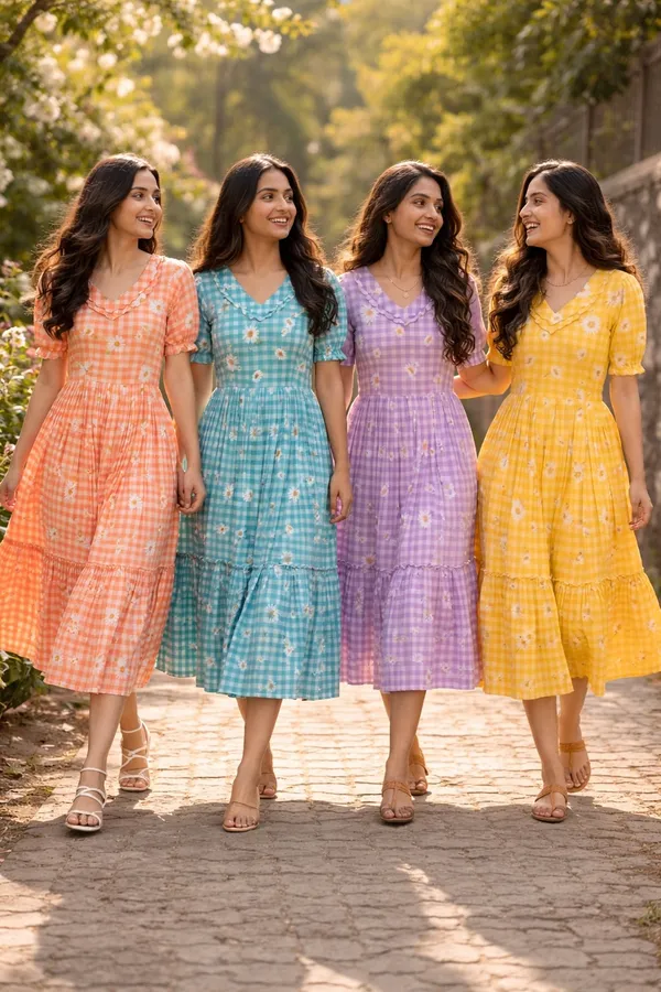 RichOra_Peach_Blossom_Daisy_Gingham_Flared_Midi_Dress