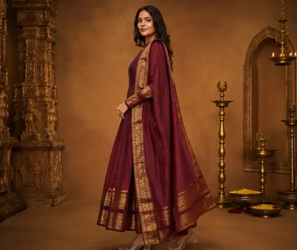 RichOra_Rajwada_Maroon_Jacquard_Zari_Anarkali_Gown_Set