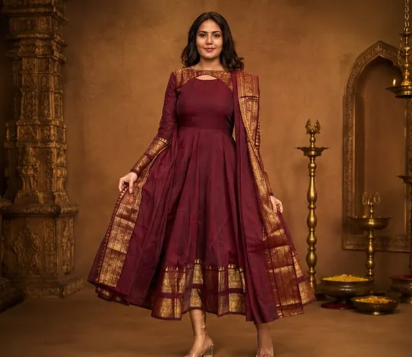 RichOra_Rajwada_Maroon_Jacquard_Zari_Anarkali_Gown_Set