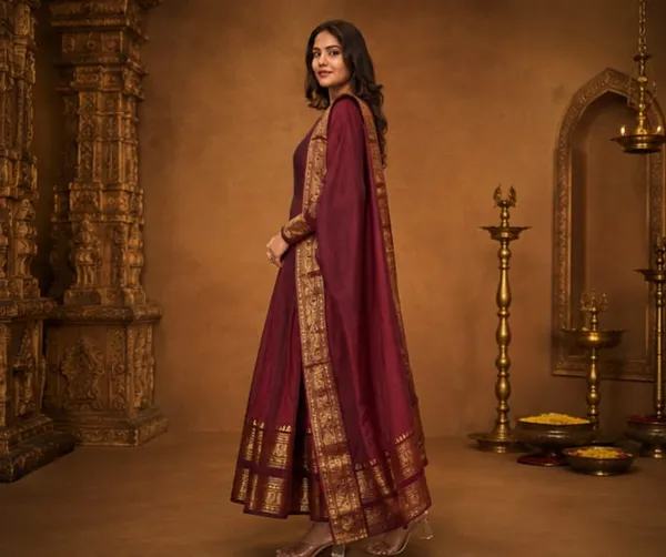 RichOra_Rajwada_Maroon_Jacquard_Zari_Anarkali_Gown_Set