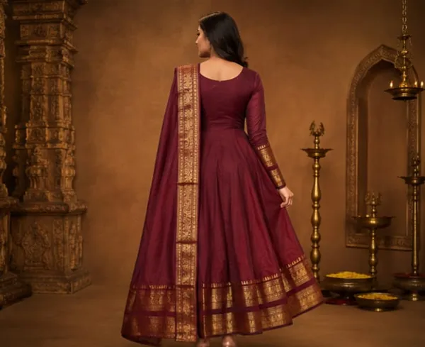 RichOra_Rajwada_Maroon_Jacquard_Zari_Anarkali_Gown_Set