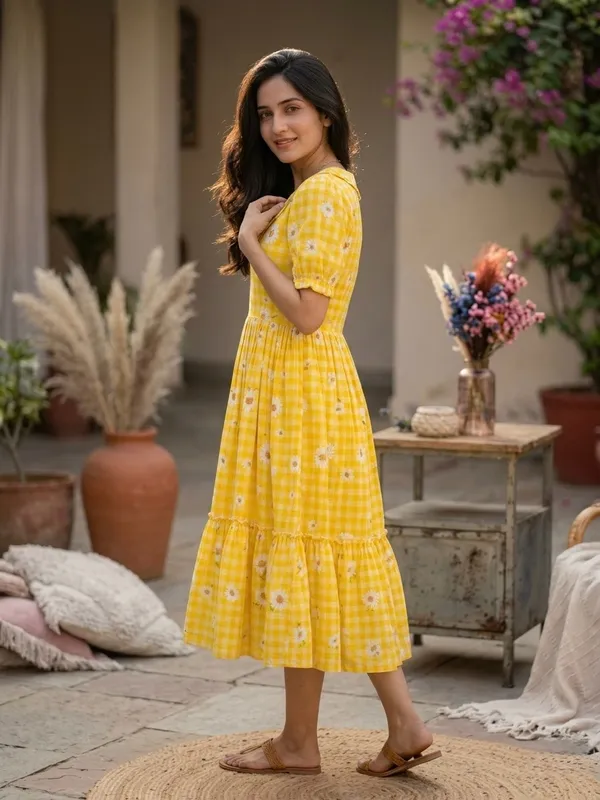 RichOra_Sunshine_Daisy_Gingham_Flared_Midi_Dress