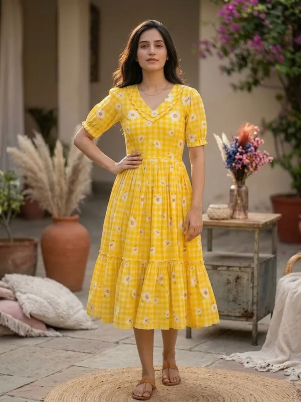 RichOra_Sunshine_Daisy_Gingham_Flared_Midi_Dress