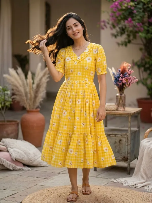 RichOra_Sunshine_Daisy_Gingham_Flared_Midi_Dress