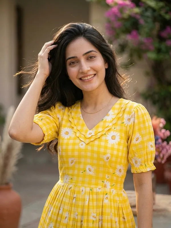 RichOra_Sunshine_Daisy_Gingham_Flared_Midi_Dress
