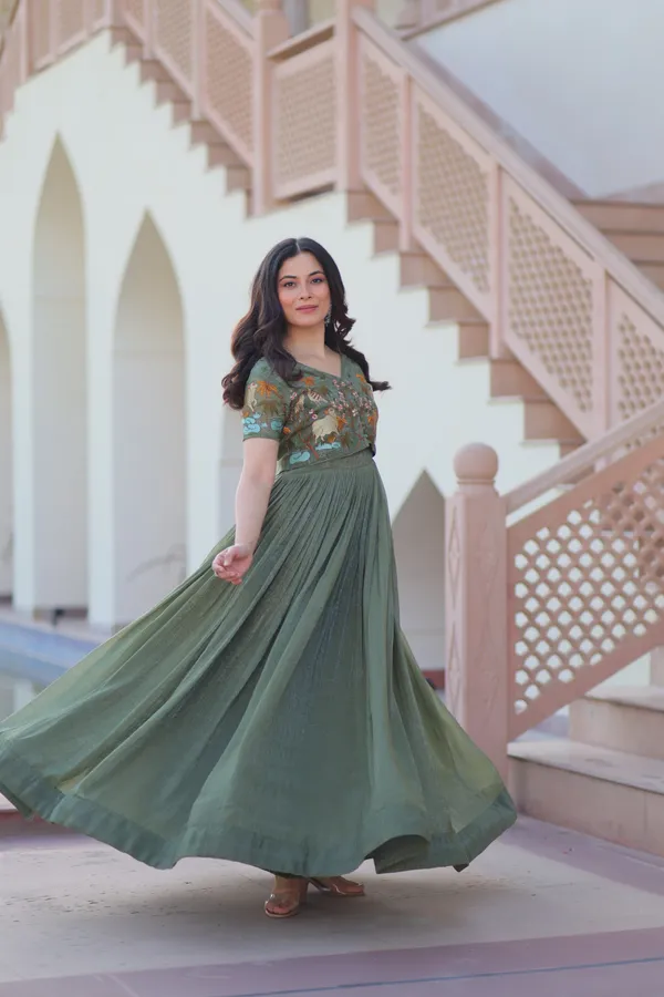 olive green dress online india Saveri