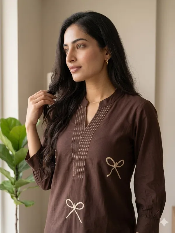 Brown_Cotton_Embroidered_Bow_Kurta_Set_for_Women