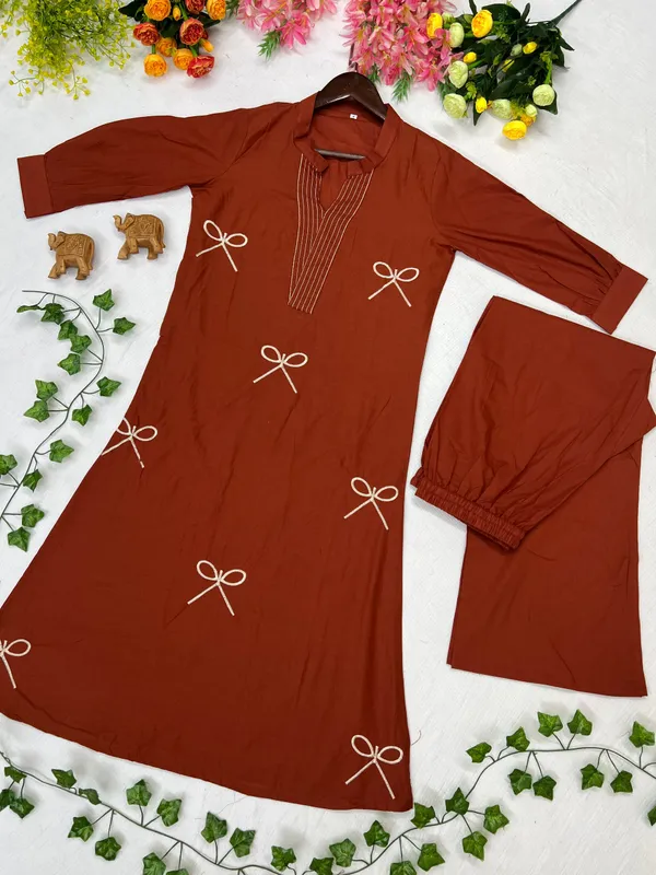 Rust_Orange_Kurta_Palazzo_Set_with_Bow_Embroidery