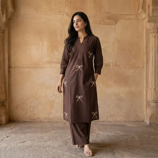 Brown_Cotton_Embroidered_Bow_Kurta_Set_for_Women