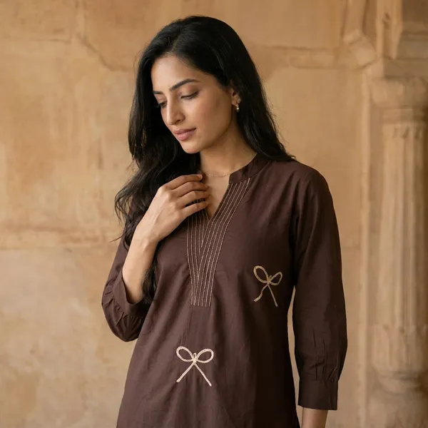 Brown_Cotton_Embroidered_Bow_Kurta_Set_for_Women
