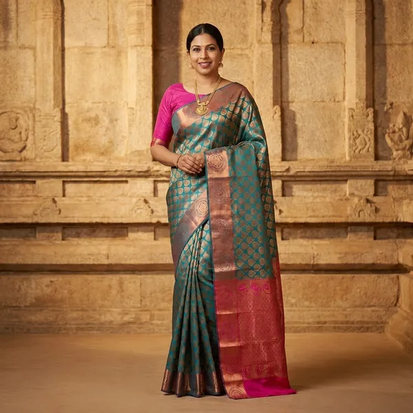 Handloom_Banarasi_Silk_Saree_with_Contrast_Pink_Blouse_-_Teal_Blue_and_Pink_Zari_Woven_Traditional_Saree