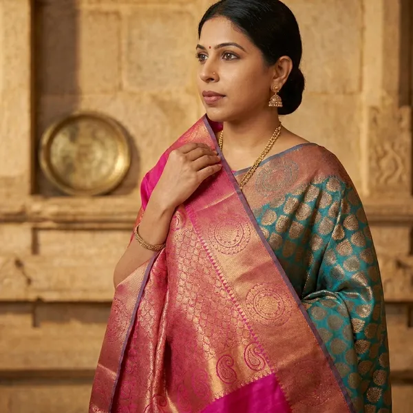Handloom_Banarasi_Silk_Saree_with_Contrast_Pink_Blouse_-_Teal_Blue_and_Pink_Zari_Woven_Traditional_Saree