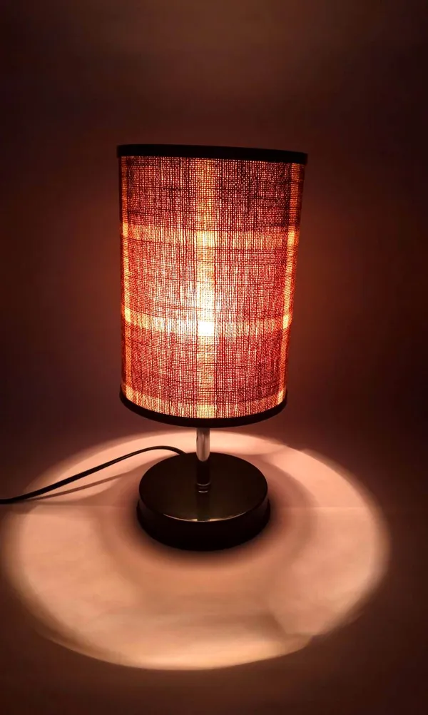 Brown_Plaid_Fabric_Cylindrical_Table_Lamp_With_Black_Base