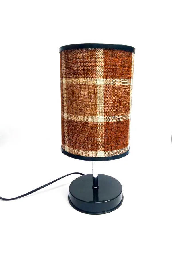 Brown_Plaid_Fabric_Cylindrical_Table_Lamp_With_Black_Base