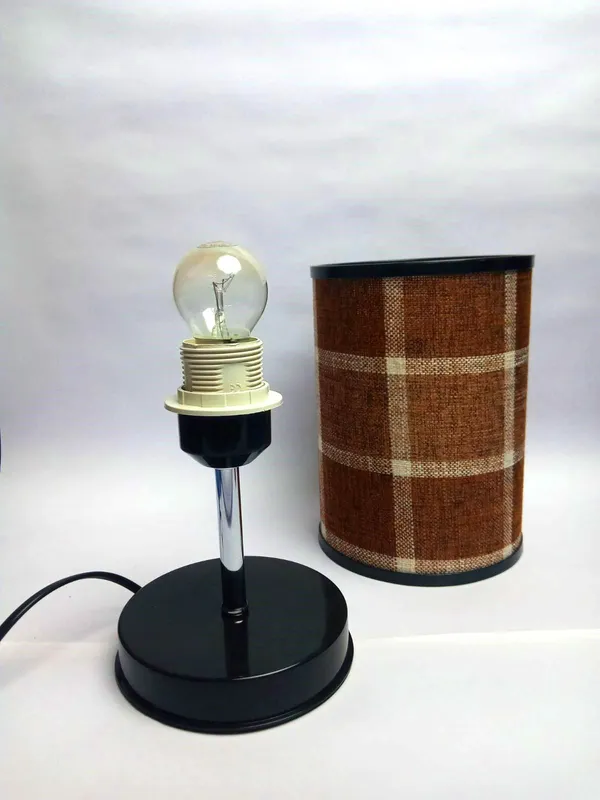 Brown_Plaid_Fabric_Cylindrical_Table_Lamp_With_Black_Base