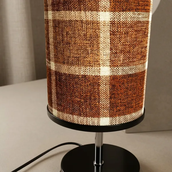 Brown_Plaid_Fabric_Cylindrical_Table_Lamp_With_Black_Base