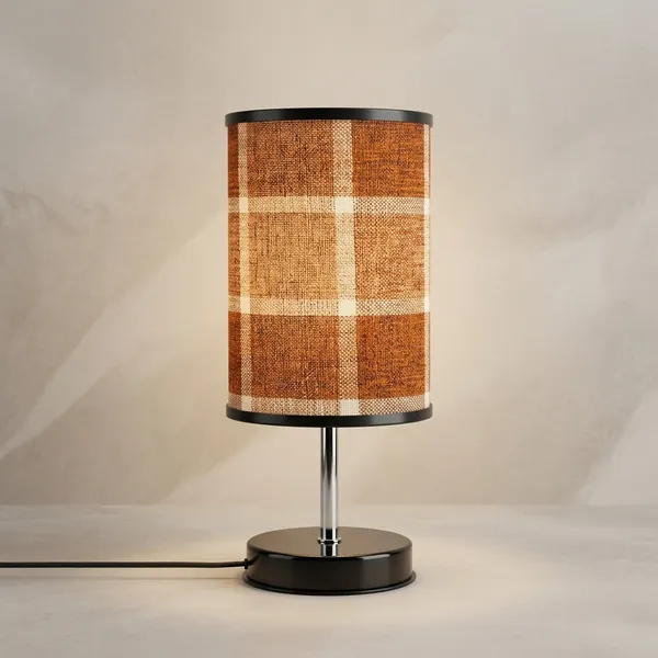 Brown_Plaid_Fabric_Cylindrical_Table_Lamp_With_Black_Base