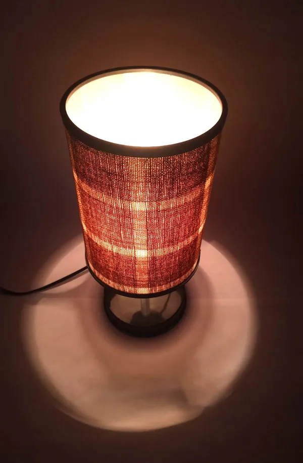 Brown_Plaid_Fabric_Cylindrical_Table_Lamp_With_Black_Base