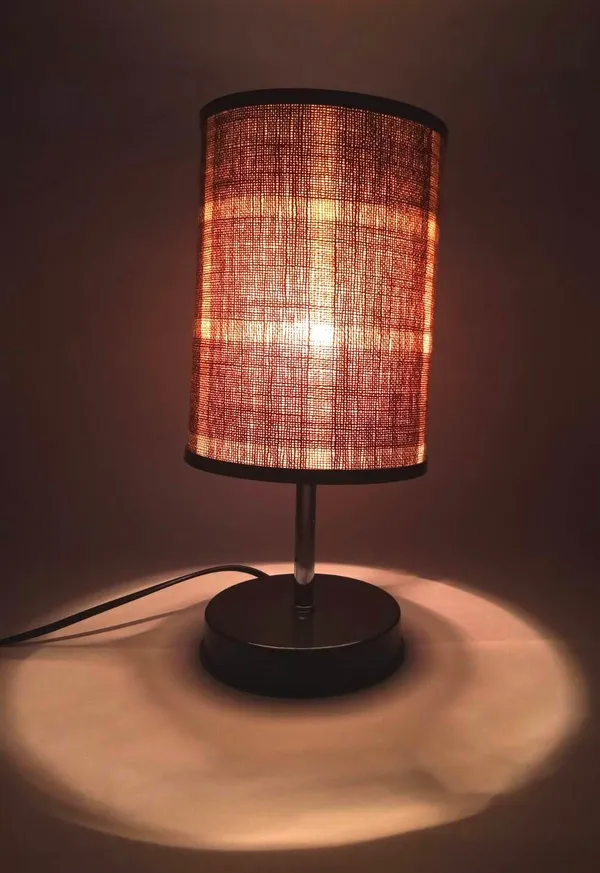 Brown_Plaid_Fabric_Cylindrical_Table_Lamp_With_Black_Base