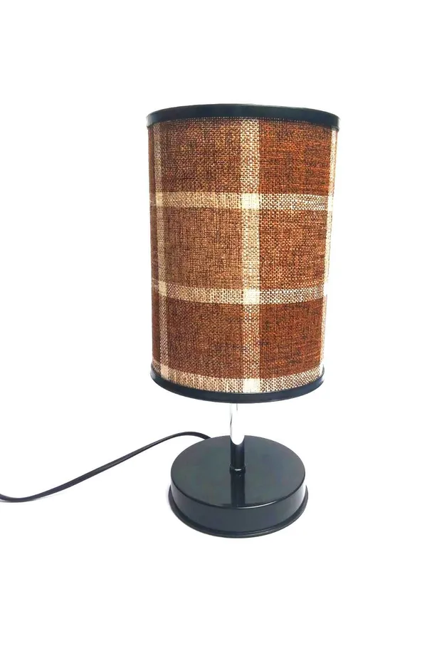 Brown_Plaid_Fabric_Cylindrical_Table_Lamp_With_Black_Base
