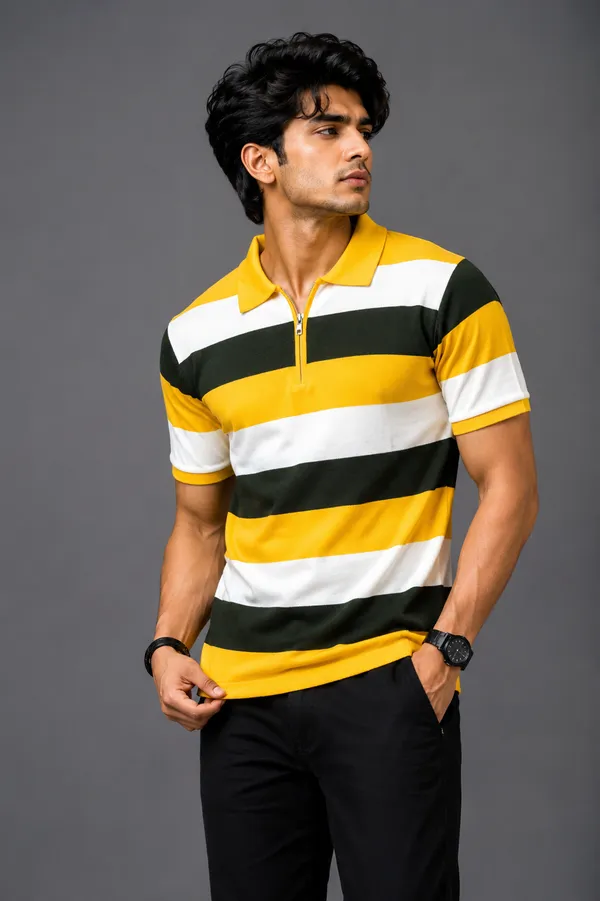 Yellow_green_White_Striped_Polo_Collar_T-Shirt_for_Men